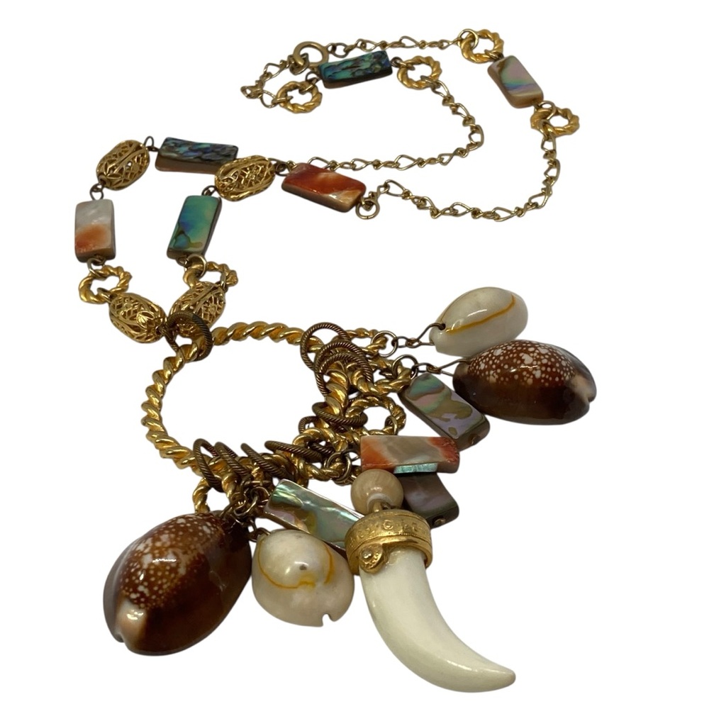 Vintage Gold Tone Shell Charm Necklace Boho Coastal Statement